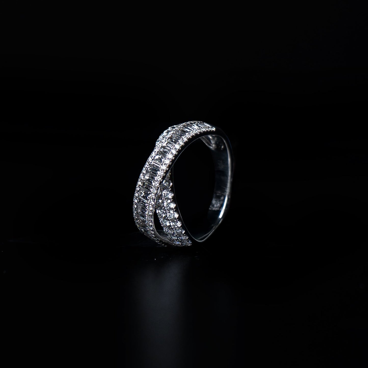 18K White Gold Natural Diamond Double Crossed Baguette Ring